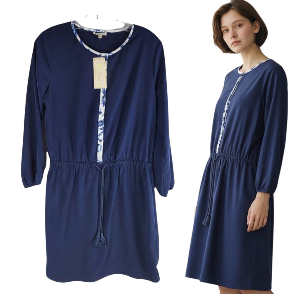 NEW Shoshanna Henrietta Shirt Dress Long Sleeve Waist Tie Tassel Navy Size 8